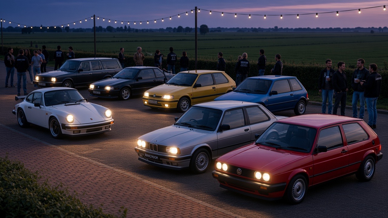 Nederlandse 80’s & 90’s car meet in avondschemering — diverse youngtimers