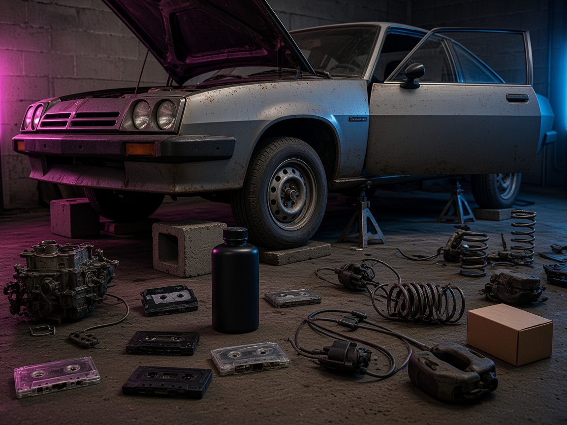 Opel Manta op blokken — hood open, parts en tools op de vloer